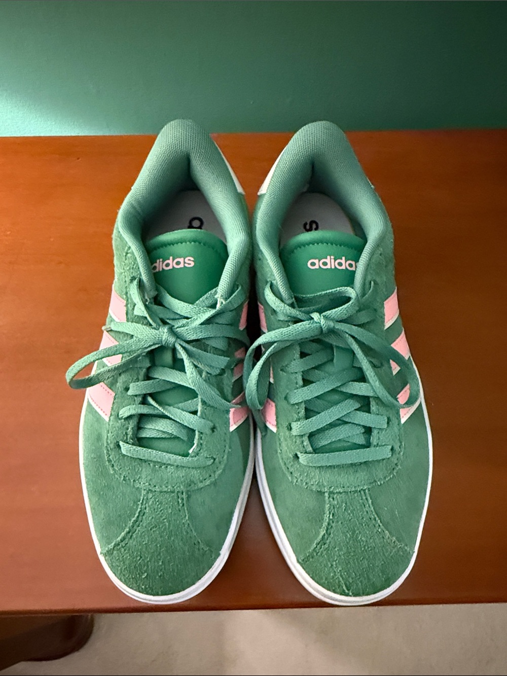adidas Green Suede Sneakers with Pink Stripes